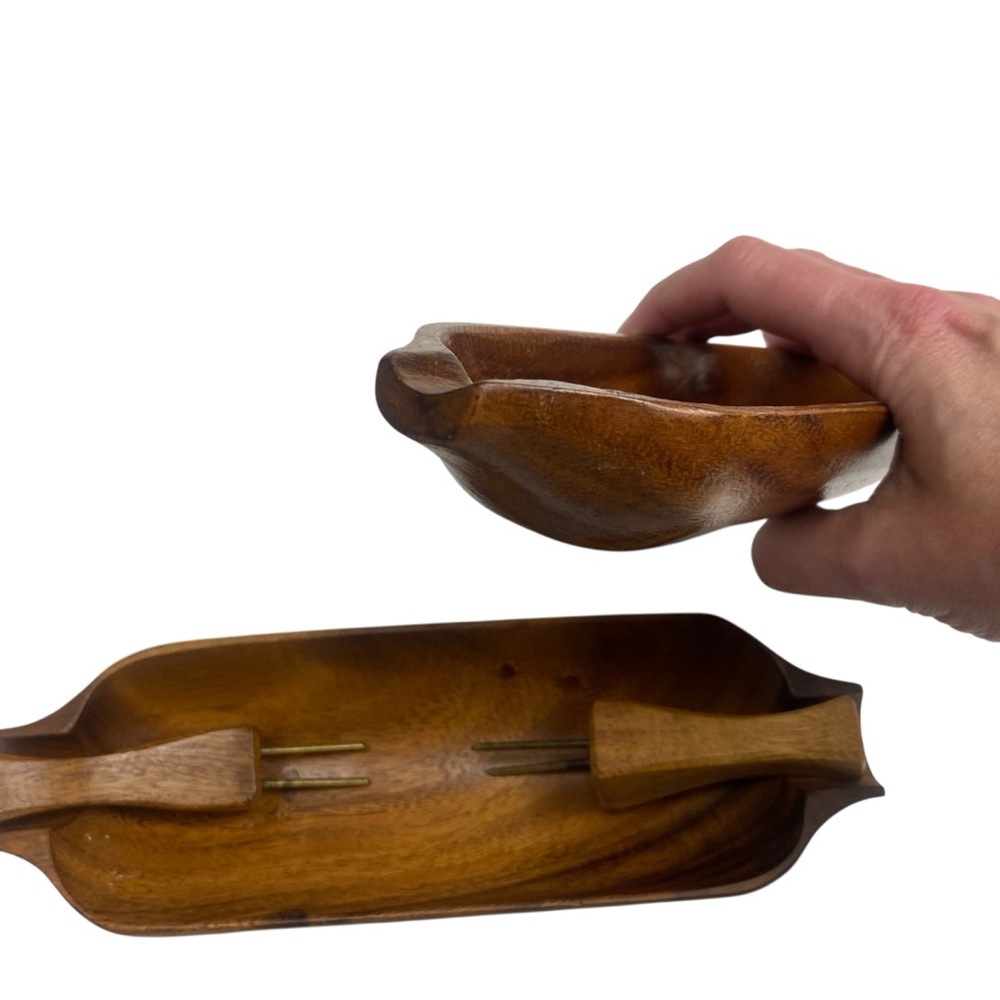 Vintage MCM Corn Holders and Boats Monkey Pod Set of 5 Wood - Picture 3 of 10